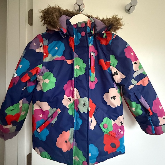 Mini Boden Other - Boden Girls Winter Jacket | Size 5/6 | Navy Floral | Faux Fur Hood 🌸❄️